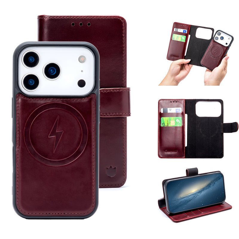 Apple iPhone 18 Pro Hoesje - Burgundy Red - Echt Leren 2 in 1 MagSafe Bookcase