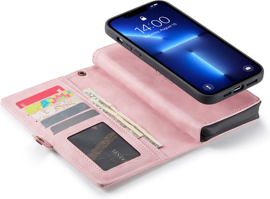 Apple iPhone 13 Pro Hoesje - Pale Pink - Luxe 2 in 1 Bookcase met 10 Kaart Vakken en Polskoord