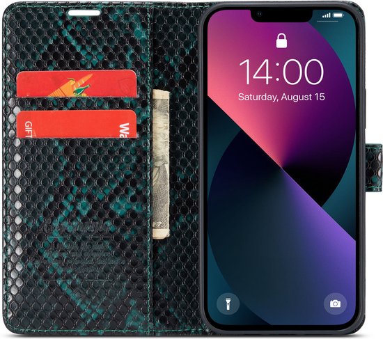 Apple iPhone 13 Hülle - Grün - Schlangenprint Klapphülle mit Kartenfach