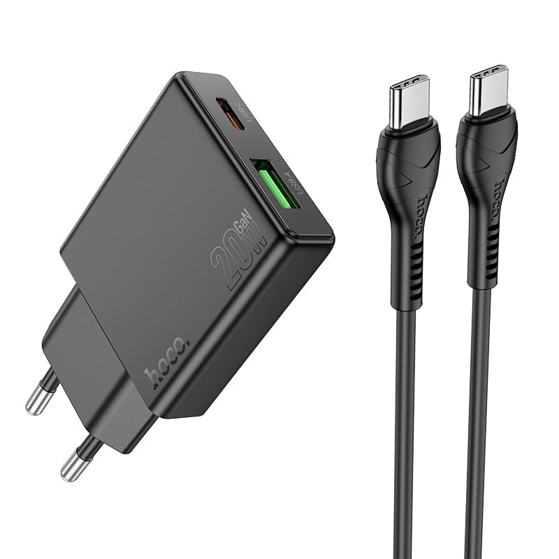 Hoco 20W Slim-Schnellladegerät 2-Port USB-C + USB-A mit USB-C-Kabel 1m - Schwarz