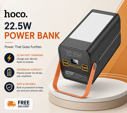 Hoco Powerbank 100.000mAh 22.5W met Ingebouwde Kabels - Zwart
