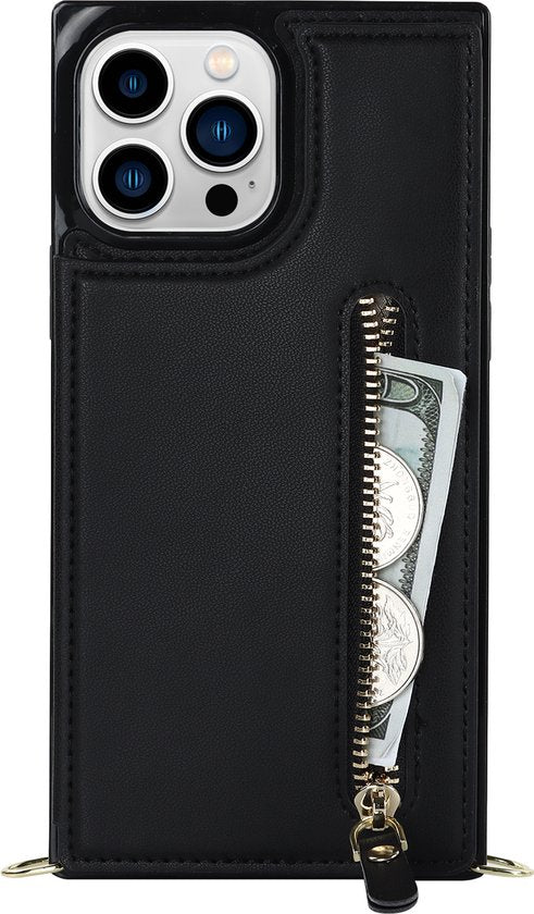 Apple iPhone 13 Pro Max Hoesje - Zwart - Luxe Back Cover met Telefoonkoord en Rits
