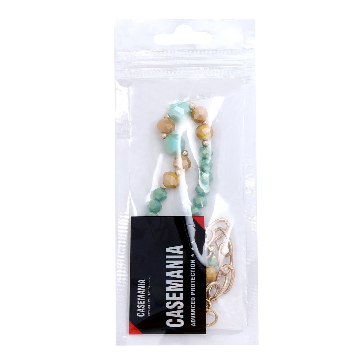 Casemania Universal Phone Chain - Gold-Coloured Links & Green Faceted Beads - Wrist Strap with Beads - Wristlet Strap - Sturdy Mobile Armband