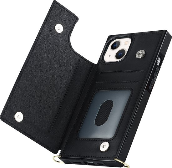 Apple iPhone 15 Plus Hoesje - Zwart - Luxe Back Cover met Telefoonkoord en Rits
