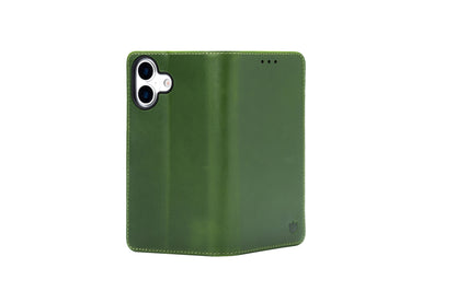 Apple iPhone 17 Hülle - Olive Green - Echtleder-Klapphülle mit Kartenfach