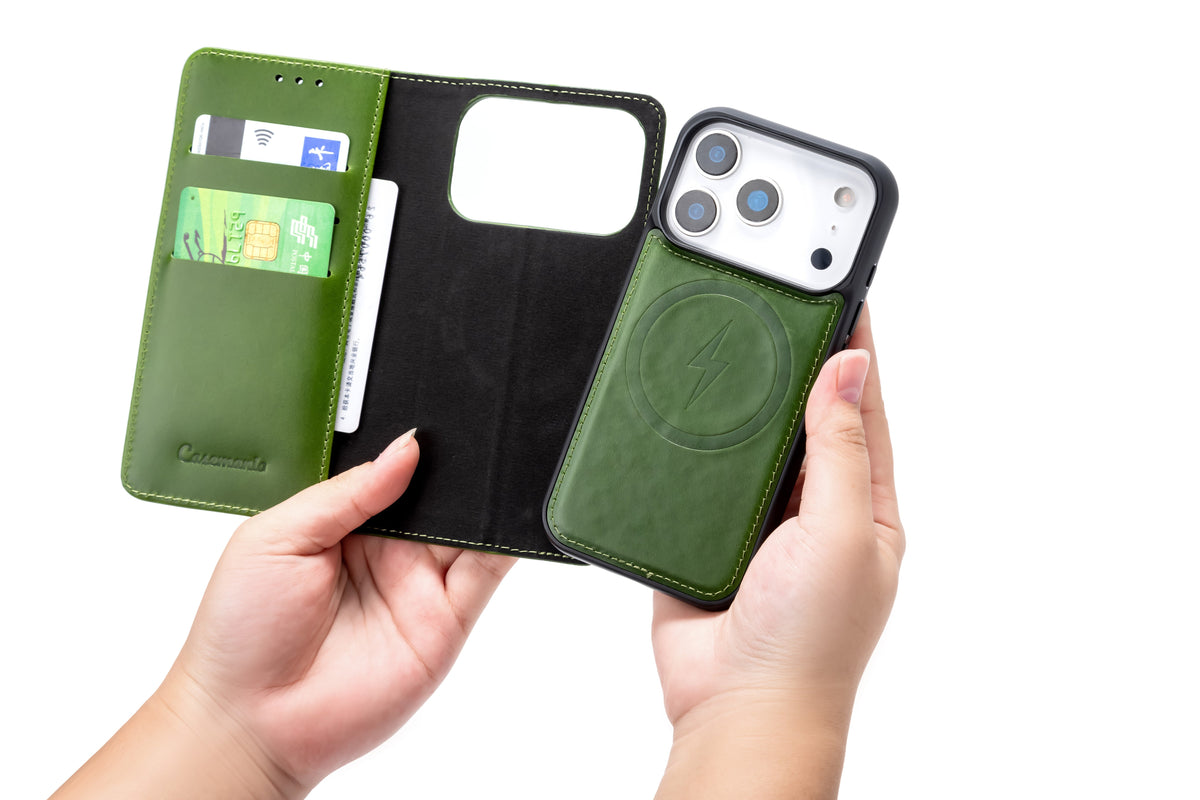 Apple iPhone 18 Pro Max Hoesje - Olive Green - Echt Leren 2 in 1 MagSafe Bookcase