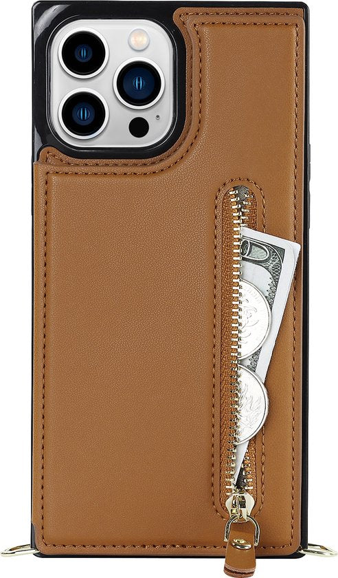 Apple iPhone 15 Pro Max Hoesje - Bruin - Luxe Back Cover met Telefoonkoord en Rits