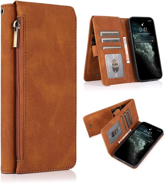 Apple iPhone 13 Pro Case - Brown - Extra Sturdy Luxury Wallet Case with Zip and Compartments