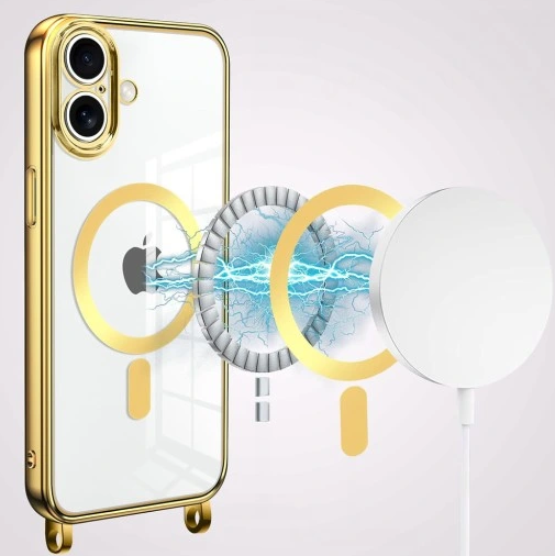 iPhone 17 Hoesje - Goud - Siliconen MagSafe Back Cover met Telefoonkoord