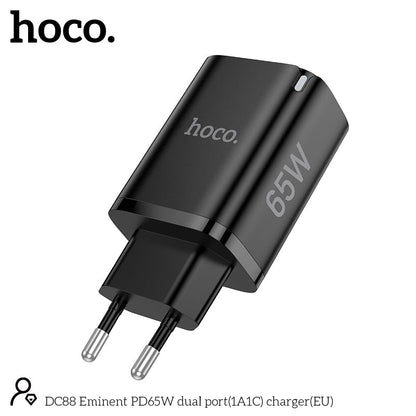 Hoco 65W Snellader 2-poorts USB-C + USB-A - Zwart