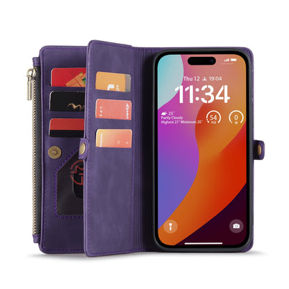 Apple iPhone 15 Hoesje - Dark Purple - Luxe MagSafe Bookcase met Rits en Telefoonkoord