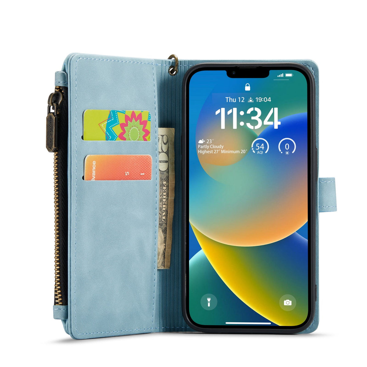 Apple iPhone 7 Hoesje - Aqua Blue - Luxe Bookcase met Rits en Telefoonkoord
