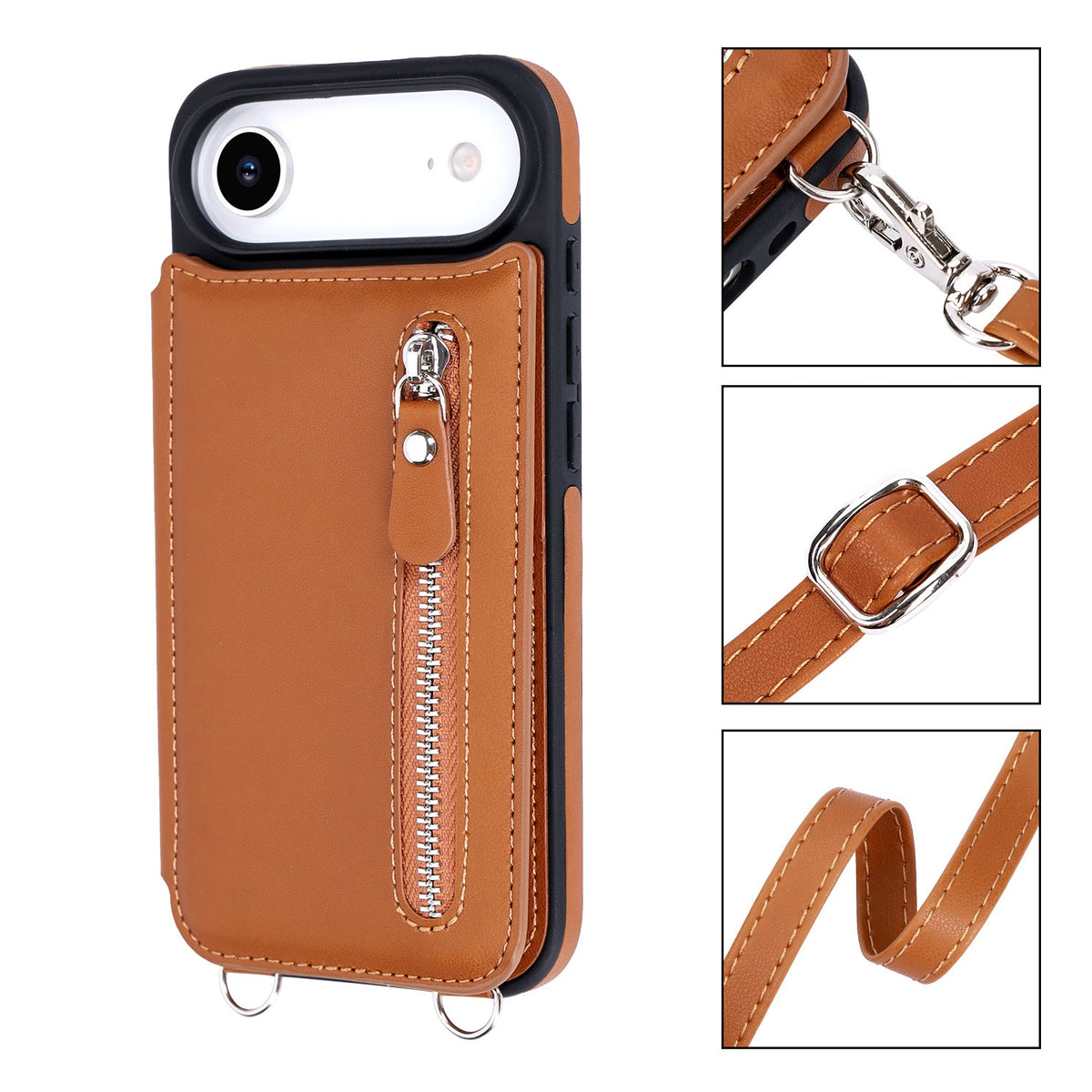 Apple iPhone Air Case - Brown - Luxury Back Cover with Phone Strap and Zipper
