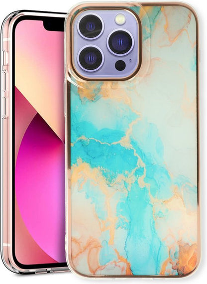 Apple iPhone 13 Pro Max Hoesje - Aqua - Siliconen Marmer Back Cover