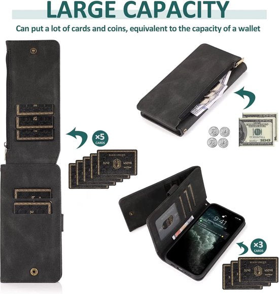 Apple iPhone 13 Pro Hoesje - Zwart - Extra Stevige Luxe Bookcase met Rits en Vakken