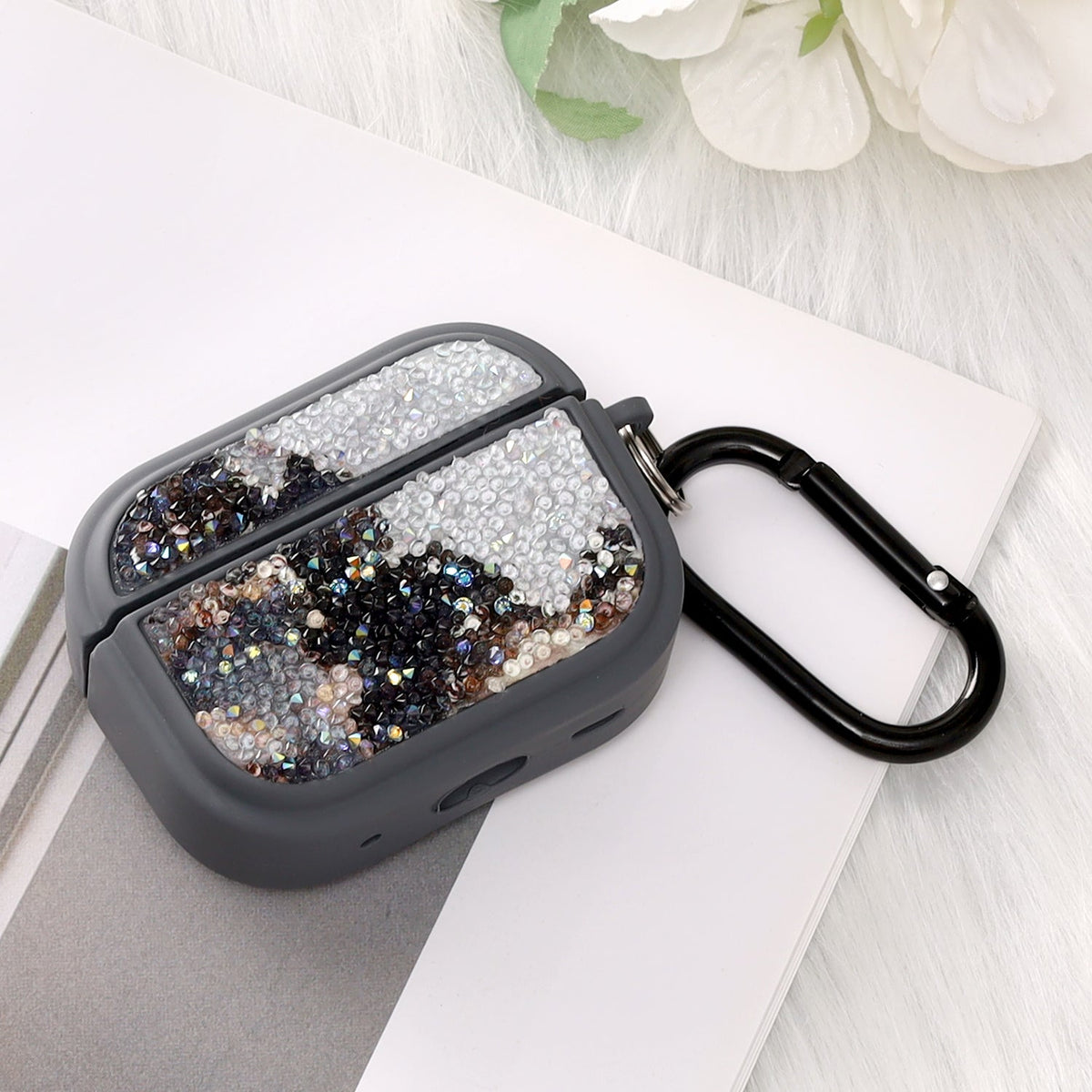 Apple AirPods Pro 2 / Pro Hoesje - Diamant Marmer Glitter met Ring - Grijs