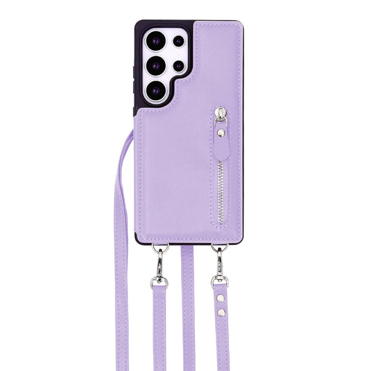 Samsung Galaxy S25 Ultra Case - Purple - Luxury Back Cover with Phone Strap and Zipper