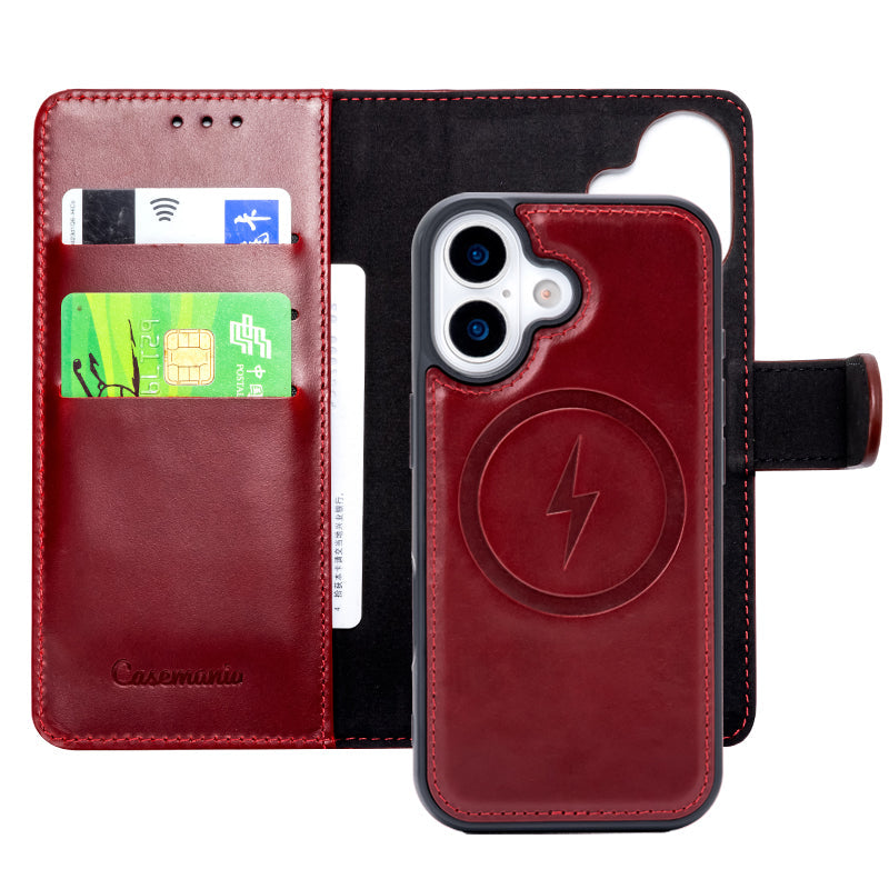 Apple iPhone 17 Hülle - Maroon Red - Echtleder MagSafe Klapphülle mit Kartenfach