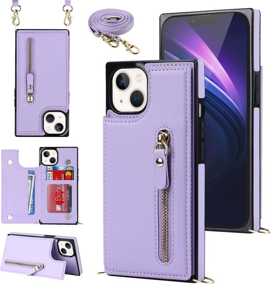 Apple iPhone 15 Plus Hülle - Lila - Luxuriöses Back Cover mit Handyband und Reißverschluss