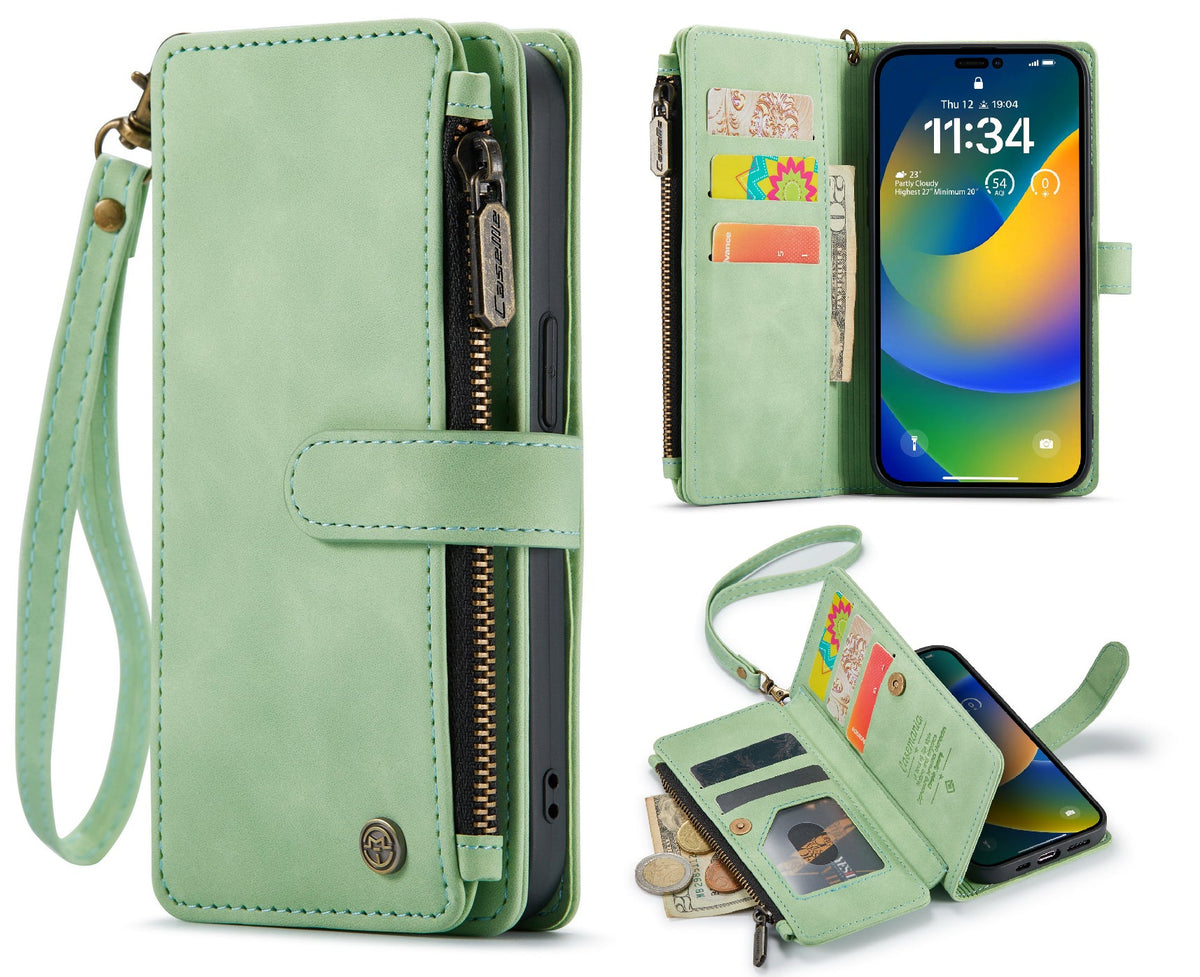 Apple iPhone 14 Pro Max Case - Pistache Green - Luxury Wallet Case with Zipper and Phone Strap