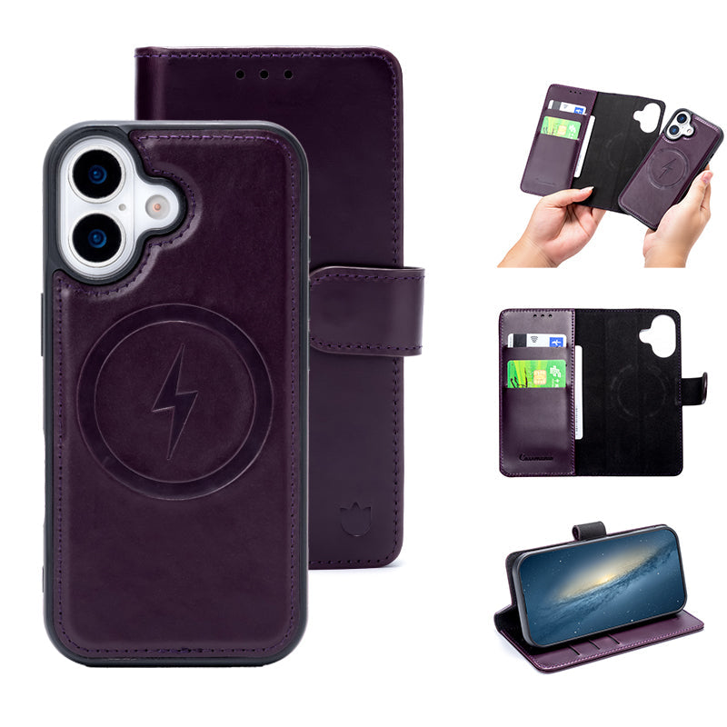 Apple iPhone 17 Case - Dark Purple - Genuine Leather MagSafe Wallet Case