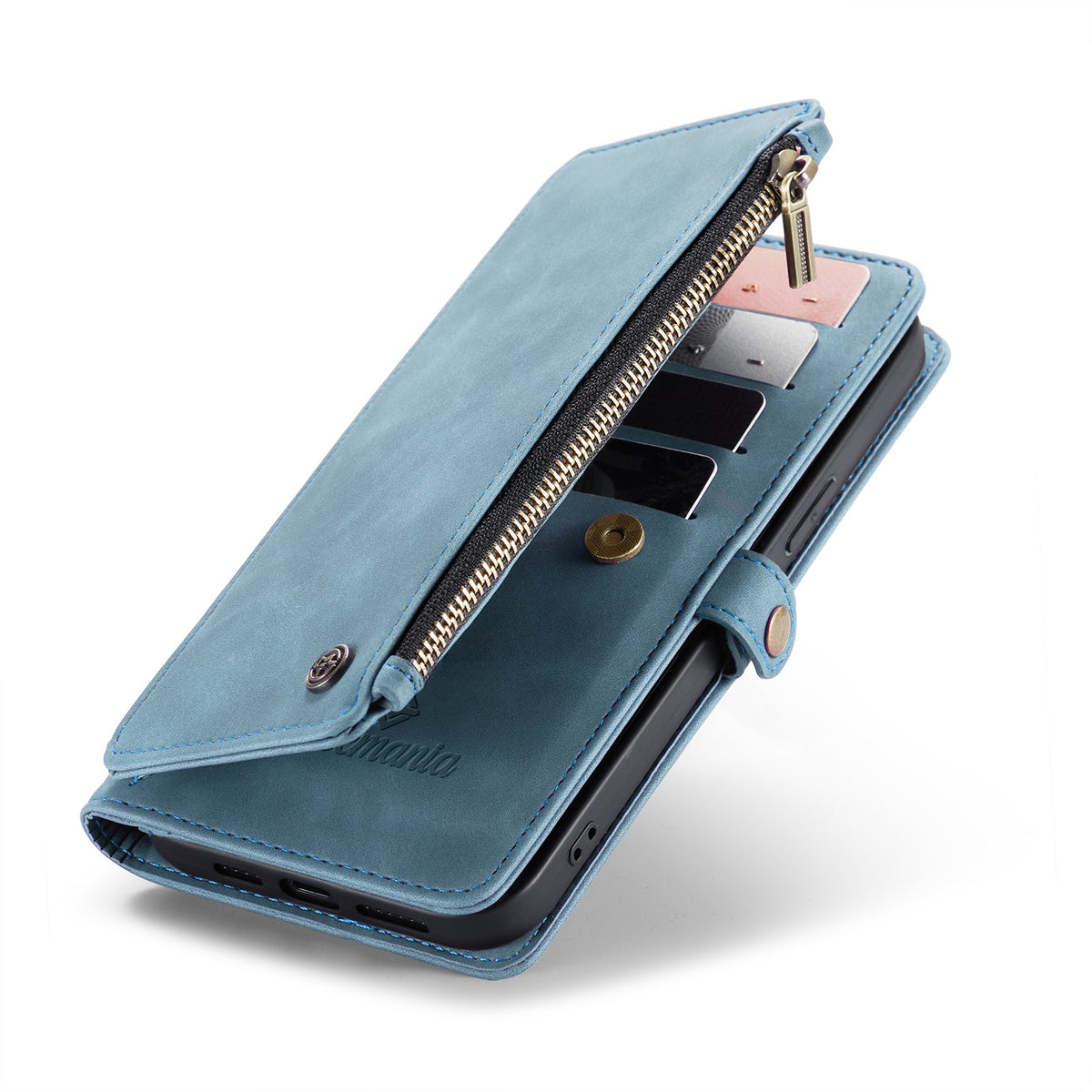 Apple iPhone 15 Plus Hoesje - Aqua Blue - Luxe MagSafe Bookcase met Rits en Telefoonkoord