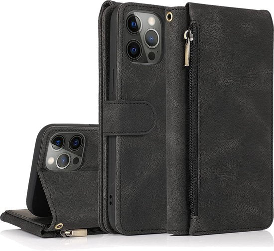 Apple iPhone 13 Pro Hoesje - Zwart - Extra Stevige Luxe Bookcase met Rits en Vakken