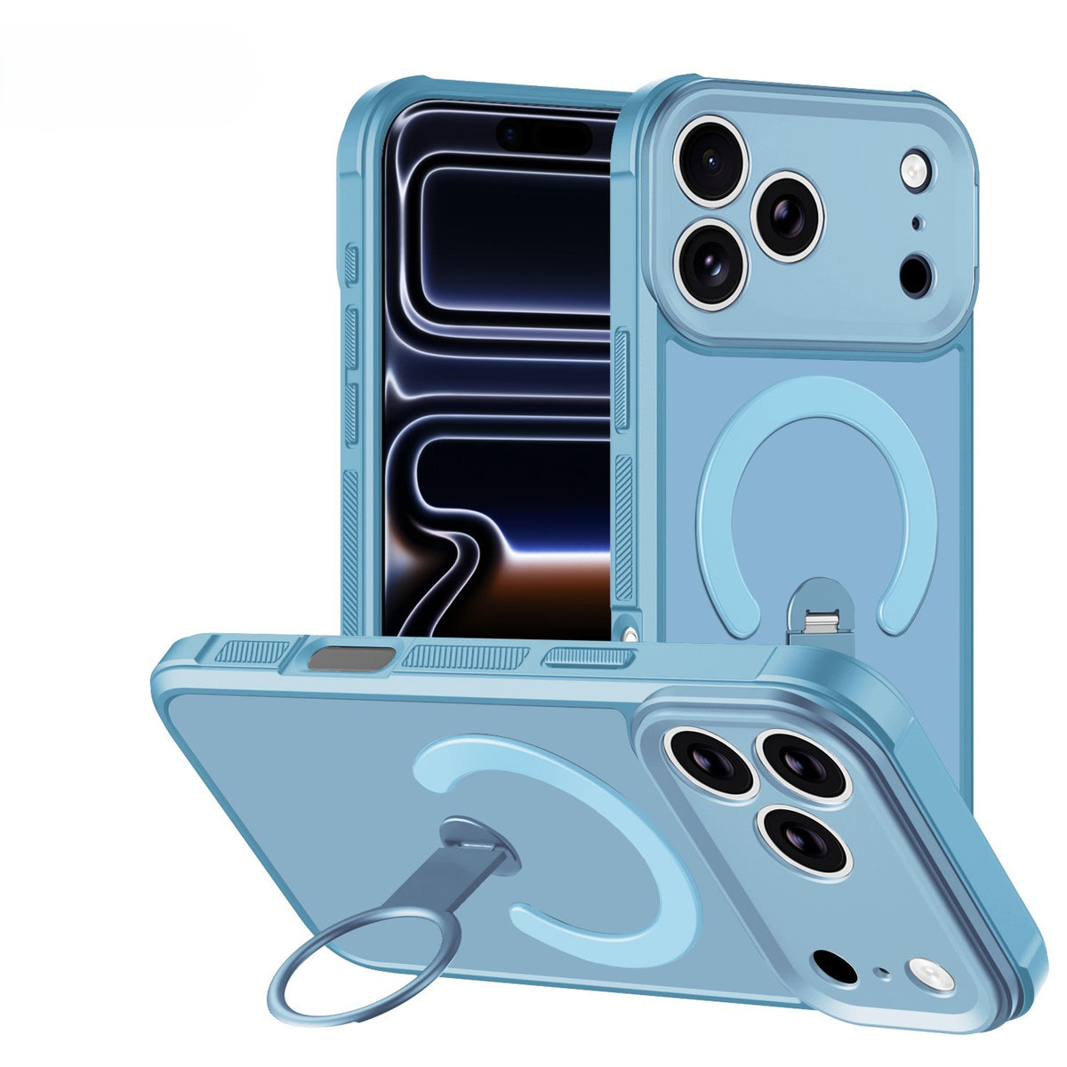 Apple iPhone 17 Pro Max Hoesje - Licht Blauw - Matte Armor Magnetische Back Cover met Kickstand Ringhouder