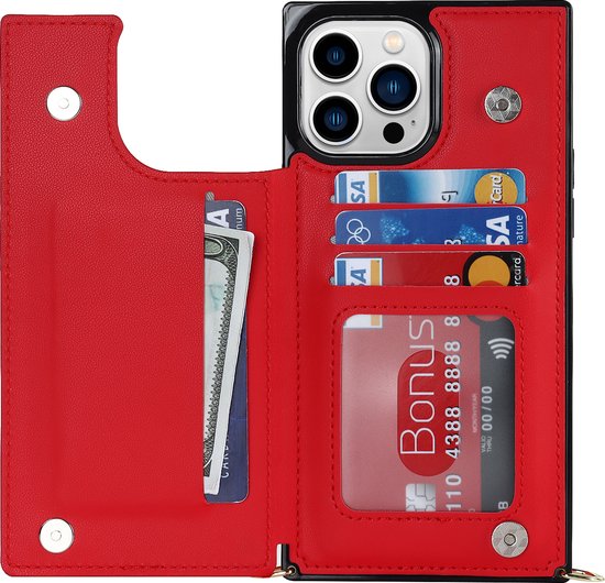 Apple iPhone 14 Pro Max Case - Red - Luxury Back Cover with Phone Strap and Zipper