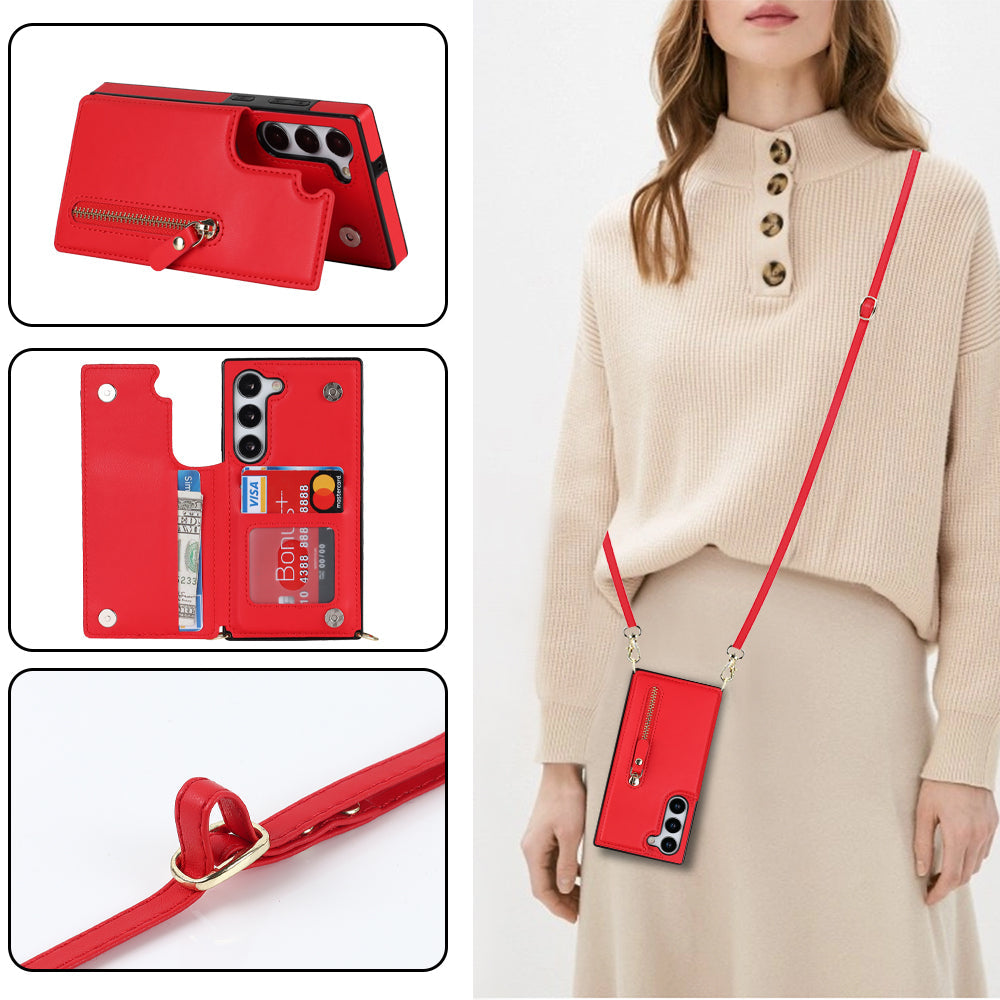 Samsung Galaxy S21 FE Hoesje - Rood - Luxe Back Cover met Telefoonkoord en Rits