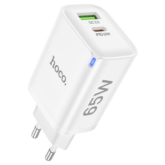 Chargeur rapide Hoco 65W 2 ports USB-C + USB-A - Blanc