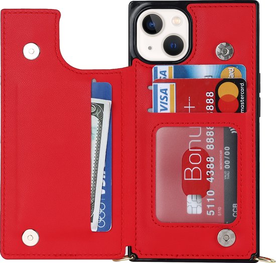 Apple iPhone 15 Plus Hoesje - Rood - Luxe Back Cover met Telefoonkoord en Rits
