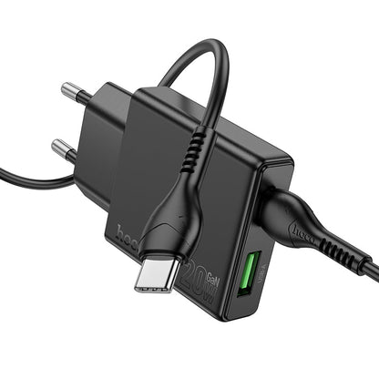 Hoco 20W Slim-Schnellladegerät 2-Port USB-C + USB-A mit USB-C-Kabel 1m - Schwarz