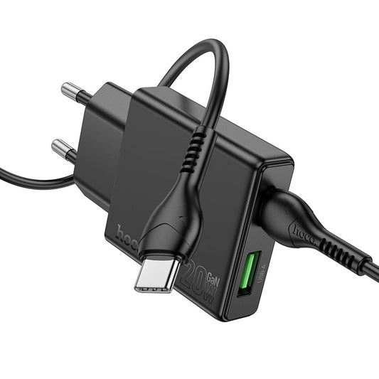 Hoco 20W Slim-Schnellladegerät 2-Port USB-C + USB-A mit USB-C-Kabel 1m - Schwarz