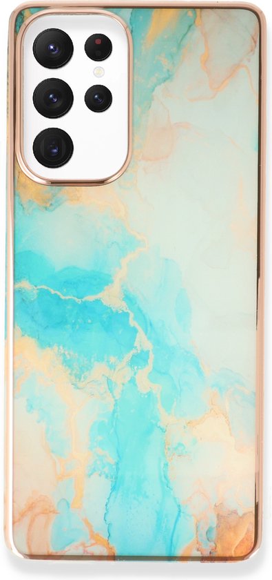 Samsung Galaxy S23 Ultra Hoesje - Aqua - Siliconen Marmer Back Cover