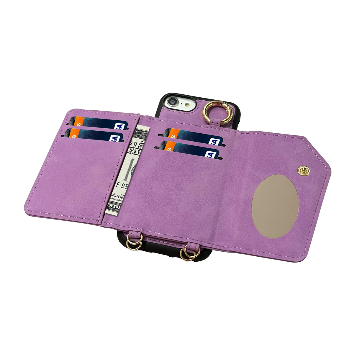 Apple iPhone 7 Case - Bright Lila - Back Cover with Mirror, Sliding Card Holder and Phone Strap