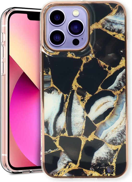 Apple iPhone 14 Pro Hoesje - Zwart - Siliconen Marmer Back Cover