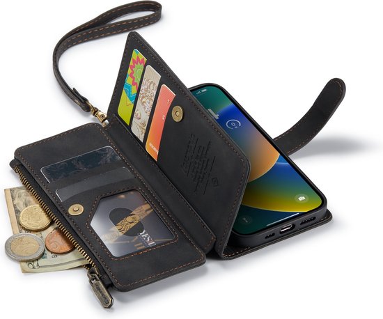 Apple iPhone 14 Hoesje - Charcoal Gray - Luxe Bookcase met Rits en Telefoonkoord