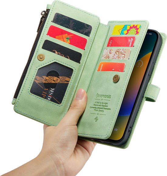 Apple iPhone 14 Pro Max Case - Pistache Green - Luxury Wallet Case with Zipper and Phone Strap