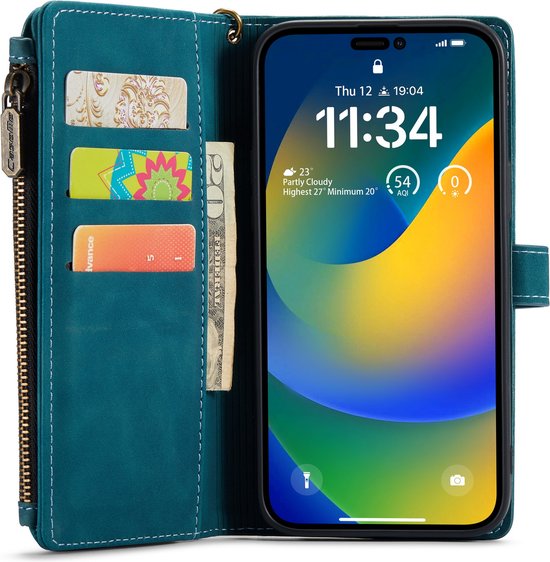 Apple iPhone 14 Pro Hülle - Emerald Green - Luxus Klapphülle mit Kartenfach, Reißverschluss und Handykette