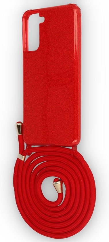 Samsung Galaxy S21 Plus Hülle - Rot - Glitzer Backcover mit Handykette