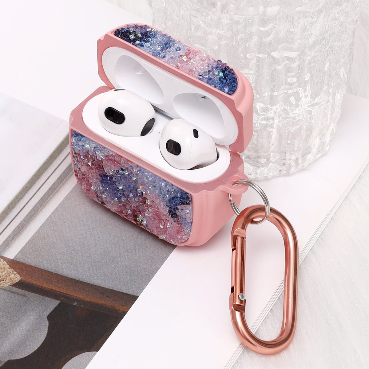Apple AirPods 3 Hülle - Diamant Marmor Glitzer mit Ring - Rosa