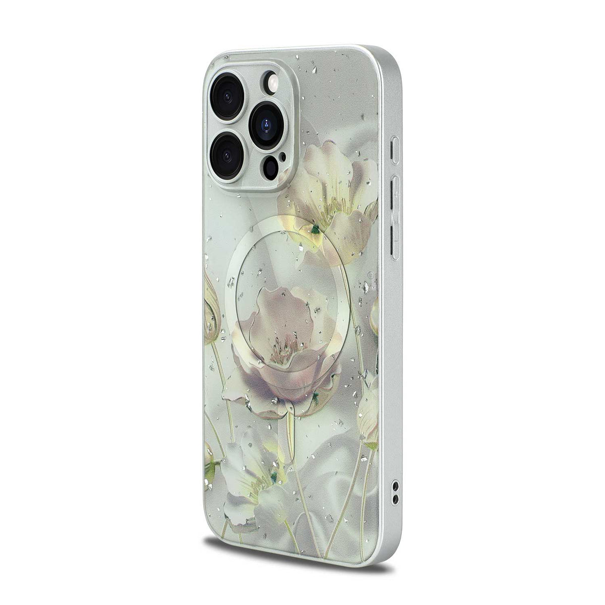 Apple iPhone 15 Pro Hoesje - Grijs - Bloemen Glitter MagSafe Back Cover