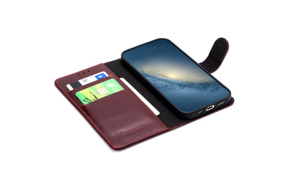 Apple iPhone 17 Hülle - Maroon Red - Echtleder-Klapphülle mit Kartenfach