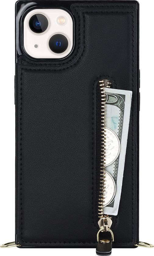 iPhone 13 Hoesje - Zwart - Luxe Back Cover met Telefoonkoord en Rits