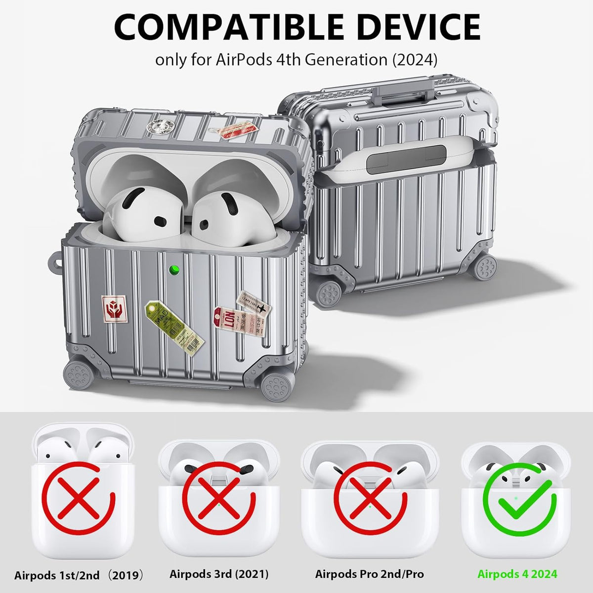 Apple AirPods 4 Hoesje - Koffer Suit Case met Stickers - Zilver