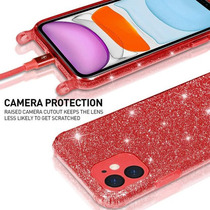 Apple iPhone 12 Mini Hoesje - Rood - Glitter Back Cover met Telefoonkoord