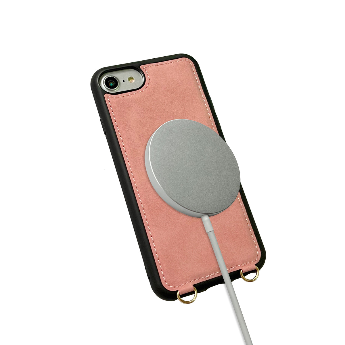 Apple iPhone 7 Hoesje - Pale Pink - MagSafe Back Cover met Uitschuifbare Pasjeshouder en Telefoonkoord