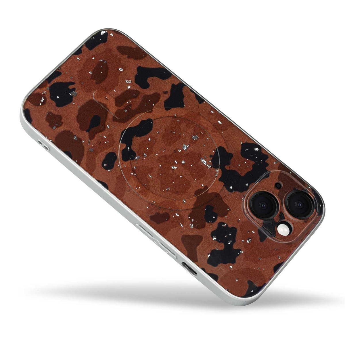 Apple iPhone 15 Hülle - Leopard Braun - Glitzer MagSafe Backcover