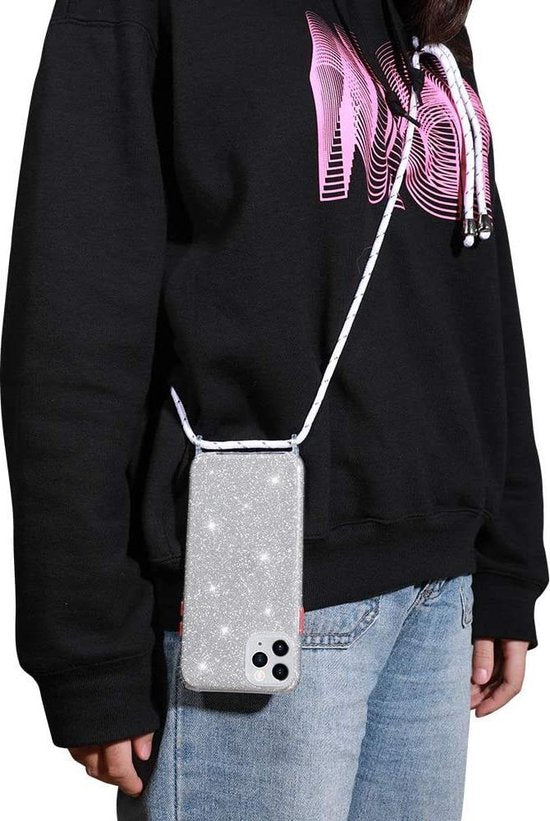 Apple iPhone 12 Pro Max Hoesje - Zilver - Glitter Back Cover met Telefoonkoord